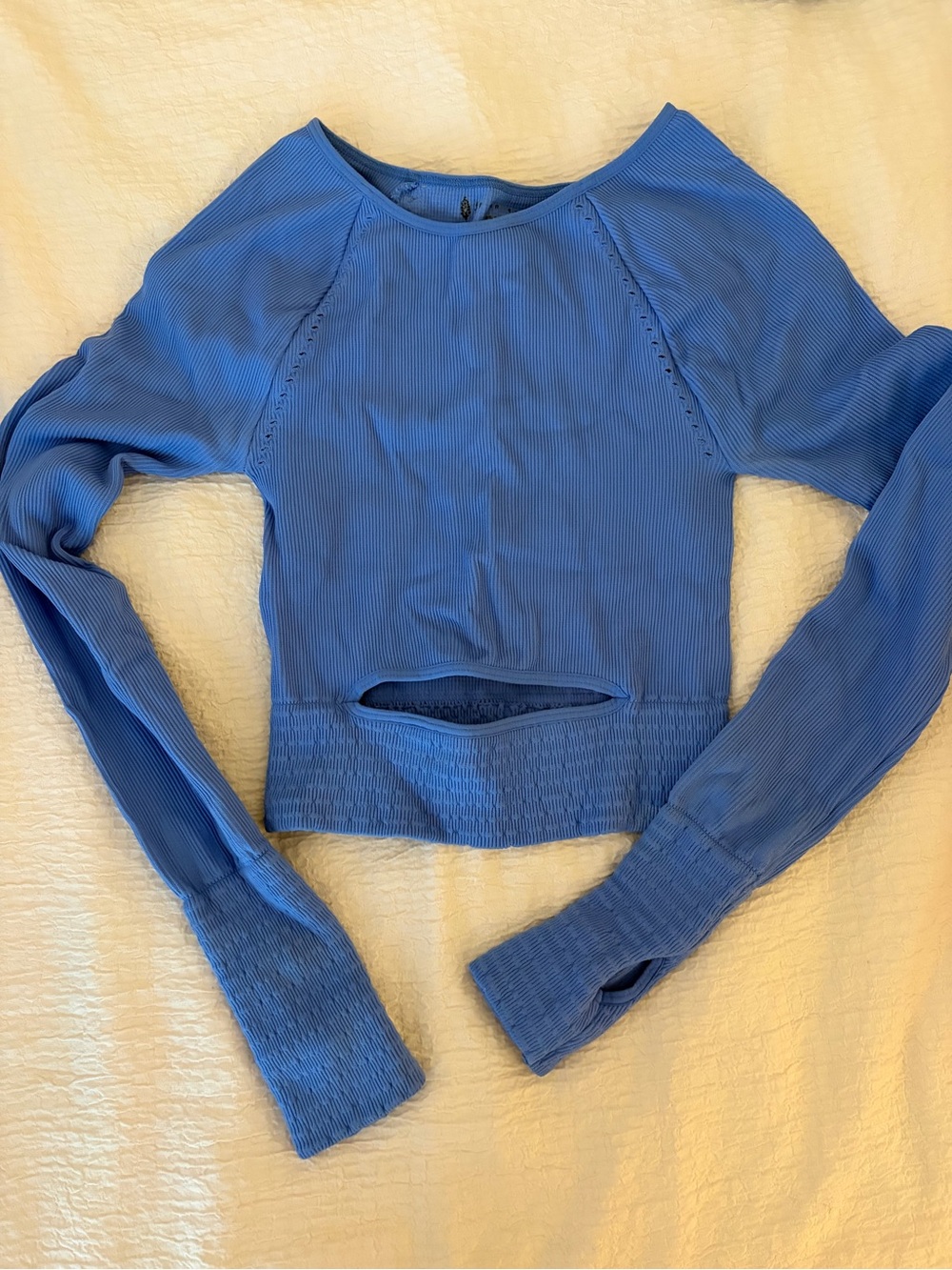 FP Movement by Free People Blue Ribbed Long Sleeve Cropped Top with Front Cutout